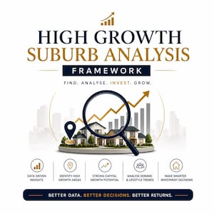 Peut inclure: Infographie avec le texte "HIGH GROWTH SUBURB ANALYSIS FRAMEWORK". Elle présente une loupe sur des maisons miniatures, une épingle de localisation et un graphique ascendant. Des icônes représentent les données, les zones de croissance, la croissance du capital, l'analyse de la demande et les décisions d'investissement.