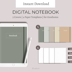 Digital Notebook | 5 Covers | Include Lined, Grid, Dotted, Blank Templates | GoodNotes, Notability and Noteshelf | For iPad & Tablet
