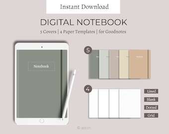 May include: Digital notebook for Goodnotes app with 5 different cover designs and 4 paper templates: lined, blank, dotted, and grid. The cover shown is a green notebook with the word "Notebook" in white text.