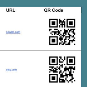 May include: A table with two rows of information. The first row has the number 1, the description "Google Search", the URL "google.com", and a black and white QR code. The second row has the number 2, the description "Etsy", the URL "etsy.com", and a black and white QR code.