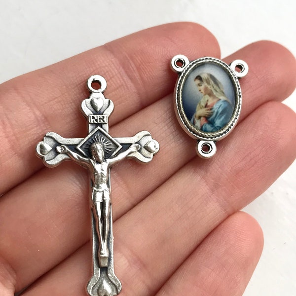 Rosary set. Crucifix with hearts. Rosary making supplies. Rosary sets with Mary. Rosary parts