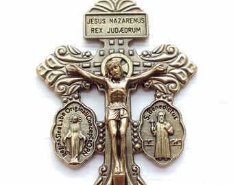 Pardon Crucifix with side medals. Crucifix pendant. Detailed Catholic crucifix.