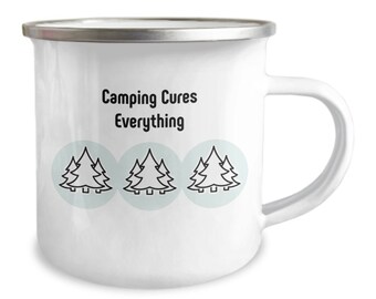 Campfire Mug, Camping Cures Everything, Enamel Mug Gift, Camping Coffee Mug, Original Enamel Mug Gift