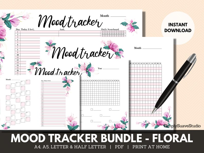 Monthly & Yearly Floral Mood Tracker Package Anxiety Tracker Etsy