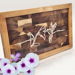 Hummingbird Framed Wall Decor, Engraved Butcherblock Design, Bird Artwork, Housewarming Gift, Mothers Day Gift