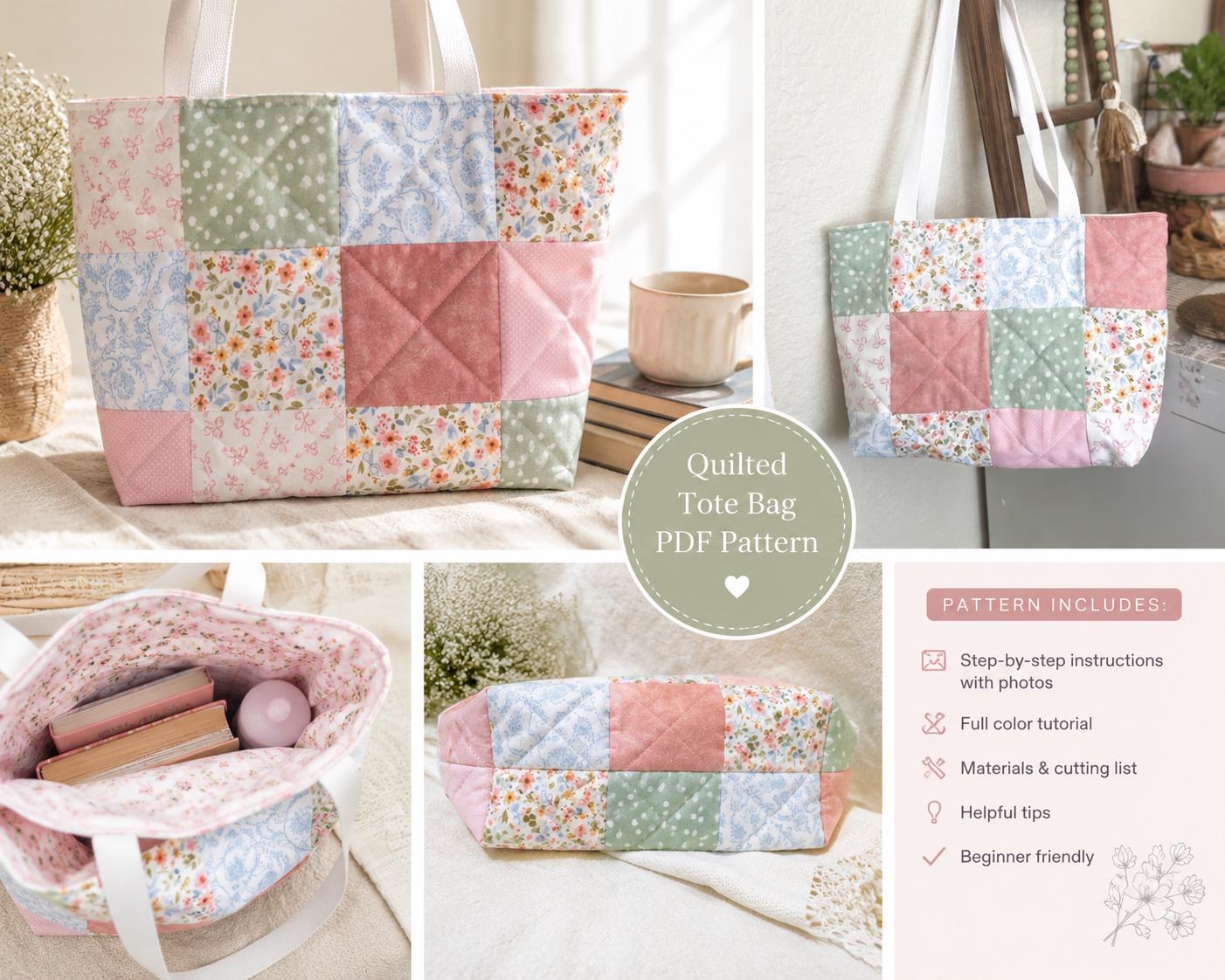 Quilted Tote Bag Sewing Pattern PDF, Beginner Patchwork Tote Tutorial ...