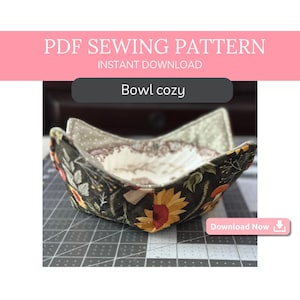 May include: A bowl cozy with a floral pattern featuring sunflowers, mushrooms, and leaves. The cozy is made of fabric and is designed to hold a bowl. The text "PDF Sewing Pattern" and "Bowl cozy" are visible.