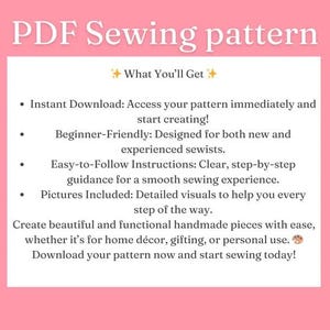 K&ouml;nnte beinhalten: Auf rosa Hintergrund steht "PDF Sewing pattern". Der Text darunter listet Vorteile auf: Sofort-Download, anf&auml;ngerfreundlich, leicht verst&auml;ndliche Anweisungen, Bilder inklusive. Es l&auml;dt dazu ein, handgefertigte St&uuml;cke zu erstellen.