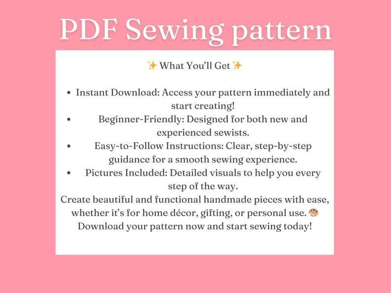 K&ouml;nnte beinhalten: Auf rosa Hintergrund steht "PDF Sewing pattern". Der Text darunter listet Vorteile auf: Sofort-Download, anf&auml;ngerfreundlich, leicht verst&auml;ndliche Anweisungen, Bilder inklusive. Es l&auml;dt dazu ein, handgefertigte St&uuml;cke zu erstellen.