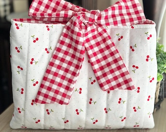 Quilted Bible Sleeve With Bow Red | Fabric Bible Cover Padded | Kindle Book Sleeve Bow | White Red Cherry Book Sleeve | Faith Christian Gift