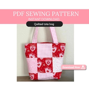 May include: A patchwork tote bag with a design of red hearts and pink gingham squares. The bag has matching pink gingham handles. Text on the image reads "PDF Sewing Pattern" and "Quilted tote bag".