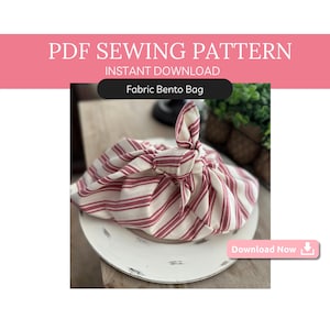 Peut inclure: Un sac à bento en tissu à rayures rouges et blanches noué. Le sac est posé sur une assiette blanche à l'aspect vieilli. Le texte "Télécharger maintenant" est visible dans le coin inférieur droit de l'image.