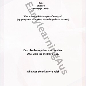 May include: A white document titled "Critical Reflection" with text about educational programs and practice. It includes prompts for reflection on practice, including questions about group time, transitions, and the educator's role.