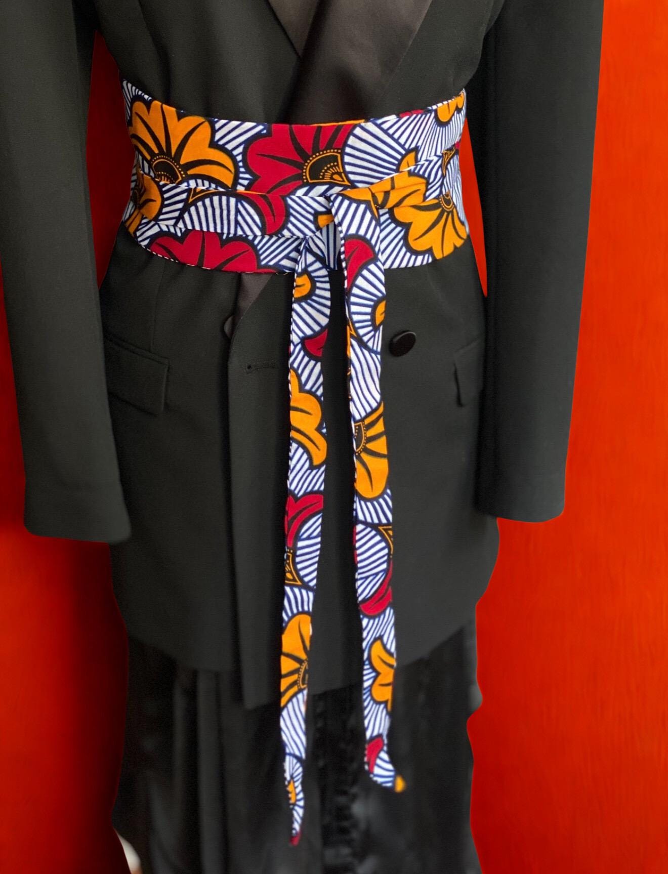 African print customized jeans , ties and belt. Reversible Denim Obi Belt: African Print Cotton Waist Wrap  main image 2
