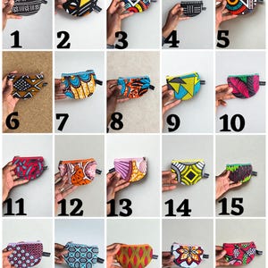 Op de afbeelding: Een verzameling van twintig kleine, kleurrijke munttasjes met diverse geometrische en abstracte patronen. Elk tasje wordt door een hand omhoog gehouden, waarbij de diverse ontwerpen en levendige kleurenpaletten worden getoond. De tasjes zijn genummerd van 1 tot 20.