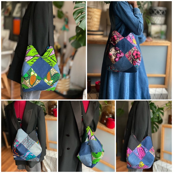 Sac Patchwork en Wax et denim, sac origami