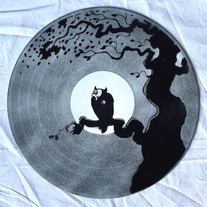 Hand-Painted Owl 12&quot; Vinyl Record Art: Spooky Tree Cemetery Wall Decor