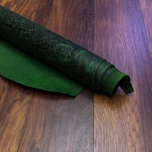 Bright Green Floral Embossed 1.4-1.6 mm Crazy Horse Calf Leather, Effect Leather, Supply for Leather Craft and bag, Leather for Notebook