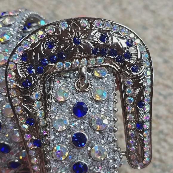 Western Rhinestone Belt, Silver Blue Floral Buckle, Bling  display picture 3