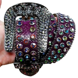Dark Purple Croc Biker Skull Belt Western Rhinestone Belts Bling Gems Cowgirl Cowboy Men Women Sparkly Belts NEW