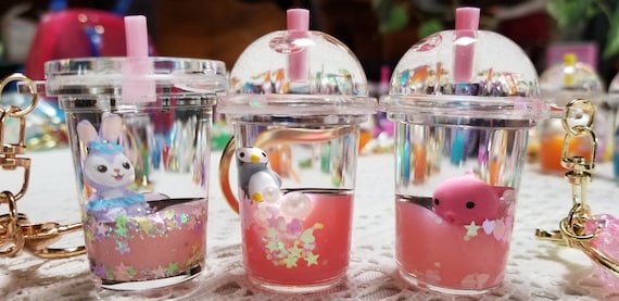 Pink Liquid Keychains, Kawaii Boba Babies, Cute Keychain Bag Charms, Penguin, Bunny, Whale, Quicksand Moving Liquid Keychain