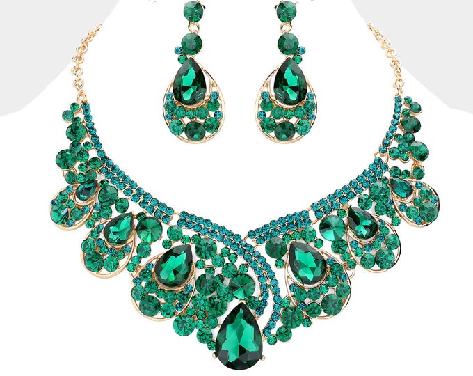 Emerald Green Costume Jewelry Set, Necklace and Earrings Crystal Glass Bubble Jewelry for Prom