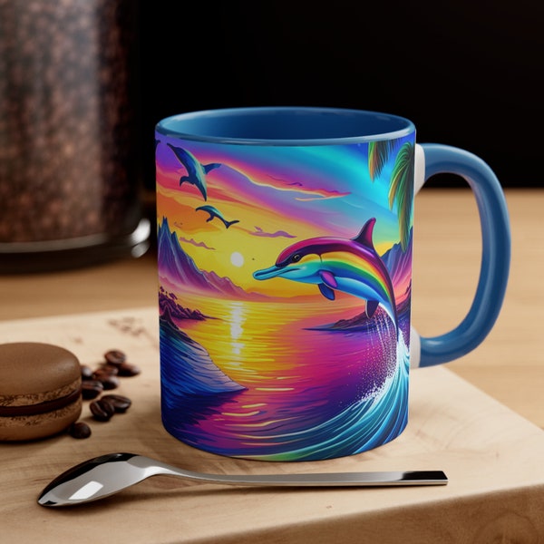 Rainbow Dolphin Coffee Mugs, Mugs for Women, Christmas Gifts, Birthday Mugs, Bright Colorful Accent Coffee Mug, 11oz