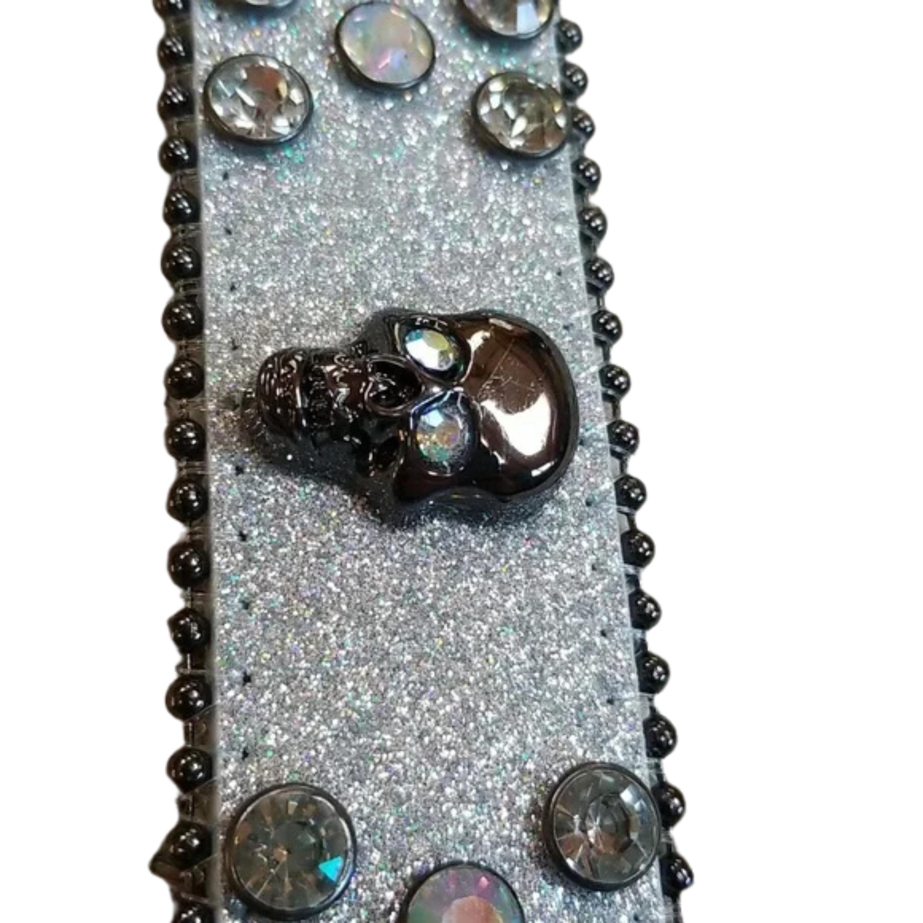 New Biker Skull Belt Silver Glitter Rhinestone Bling Rodeo Fair Belts Small HNZVWH Studded Skull Rhinestone BB Belt Y2k Bedazzled  main image 3
