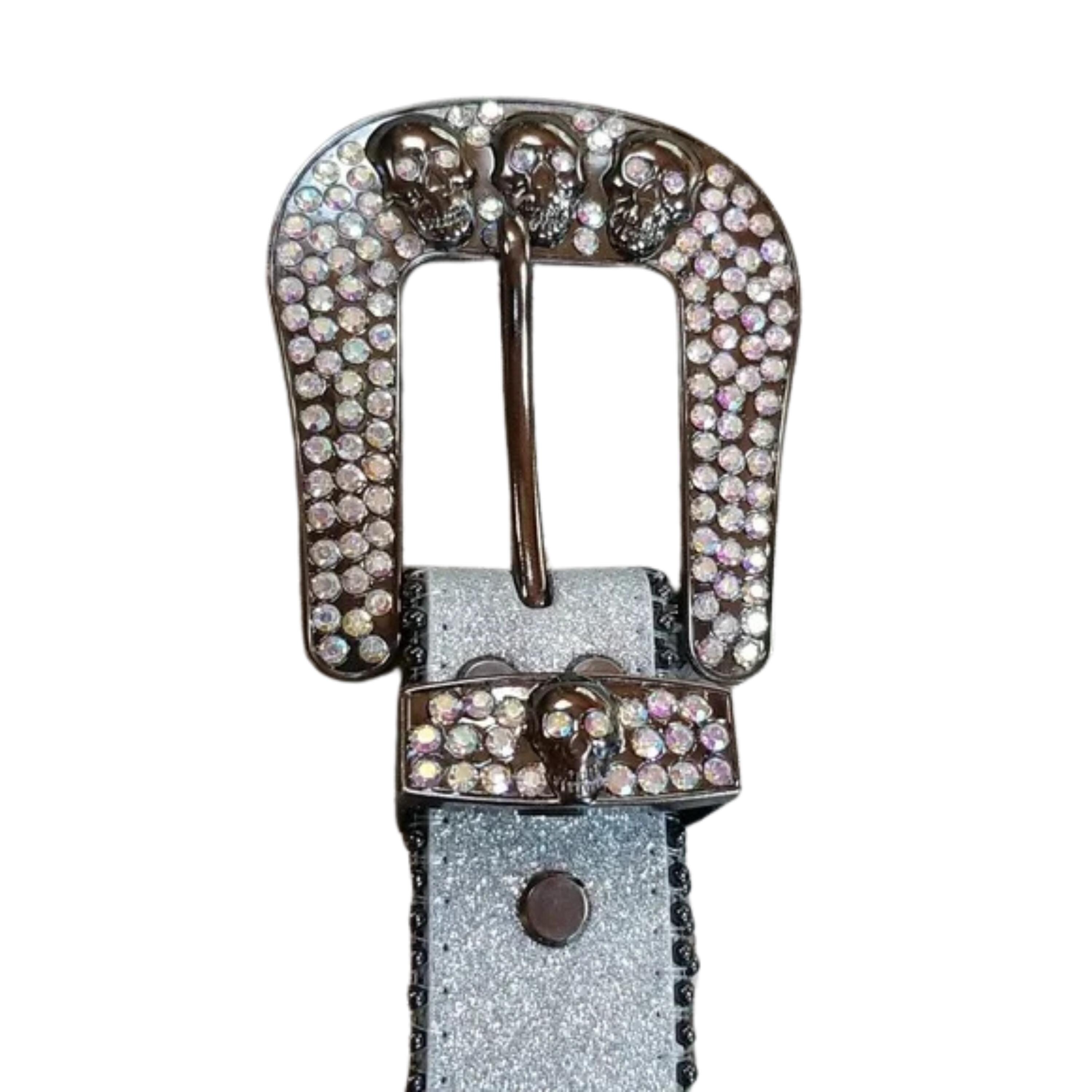 New Biker Skull Belt Silver Glitter Rhinestone Bling Rodeo Fair Belts Small HNZVWH Studded Skull Rhinestone BB Belt Y2k Bedazzled  main image 2