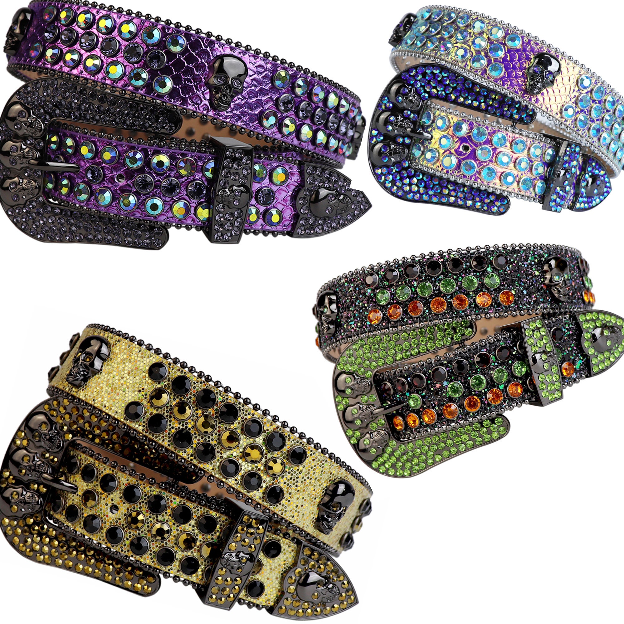 Western Rhinestone Belts Bling Skull Cowgirl Rodeo Fair Cowboy Buckle Sparkly Belt S M L XL New Red Blue Purple Black Gold White