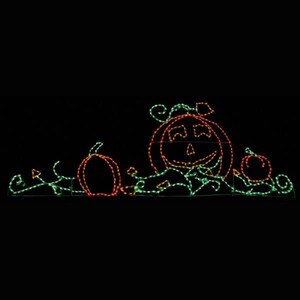 May include: A decorative LED light display featuring three pumpkins and winding vines. The pumpkins are outlined in orange lights, while the vines and leaves are illuminated in green. The central pumpkin has a carved jack-o'-lantern face.