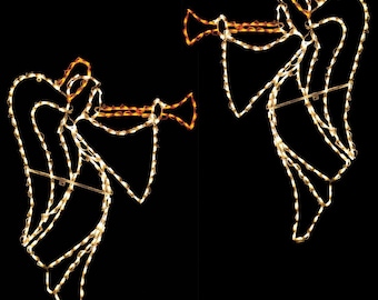 Set of Two Christmas Angels with Trumpets LED Lighted Outdoor Decorations Wireframes