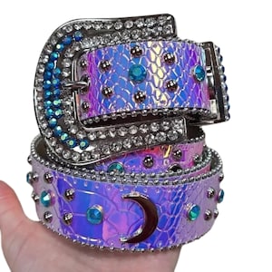 Holographic Moon Western Rhinestone Rodeo Belt, Bling Cowgirl & Cowboy Belts, Fashion Belt, Pageants, S, M, L, XL