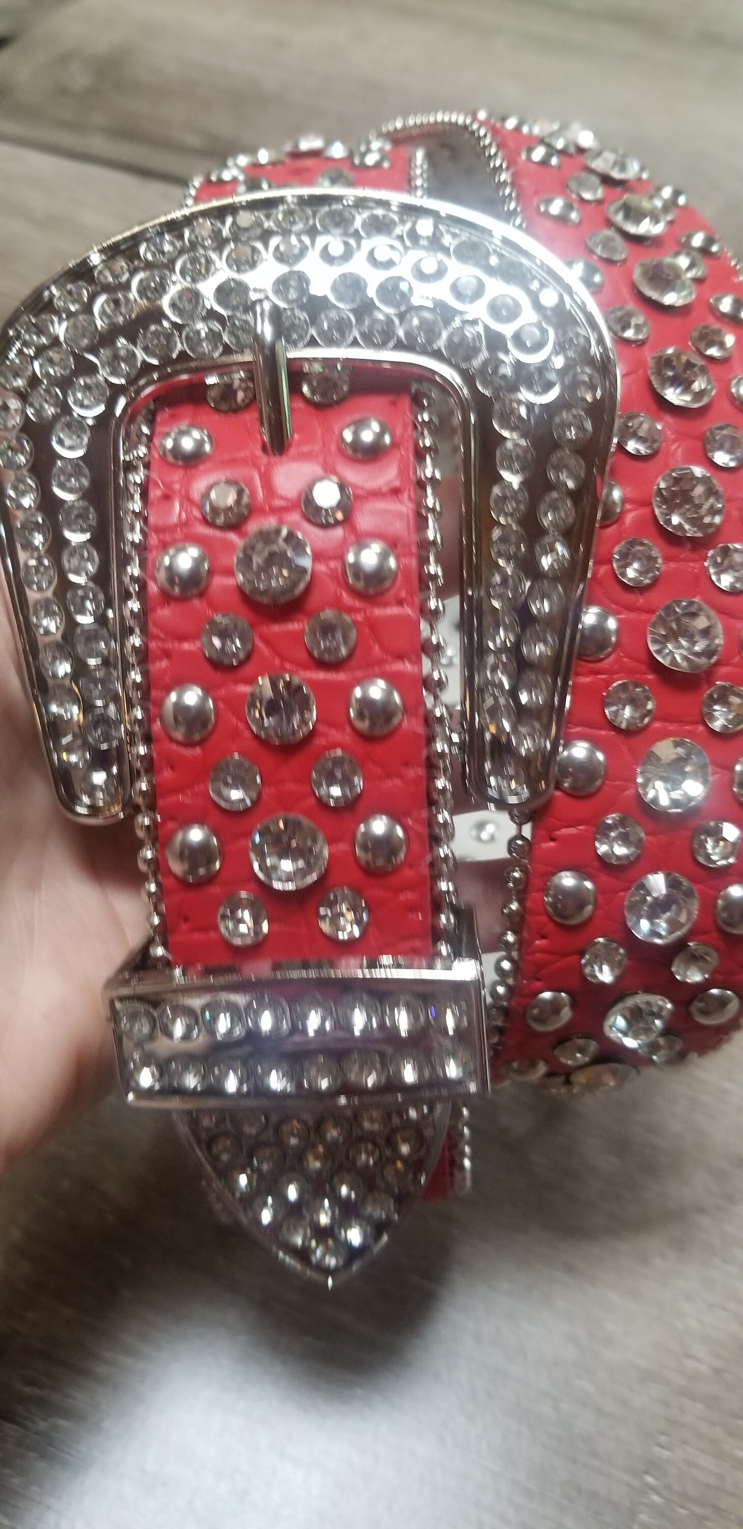 Rhinestone Western Belt Bling Silver Red Clear Unisex Men Pant 42 Cinto  Vaquero