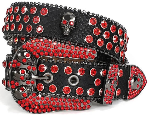 Red and Black Rhinestone Skull Belts Biker Belts Cowboy 