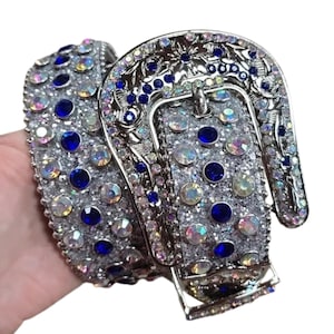 Western Rhinestone Belt, Silver Blue Floral Buckle, Bling Rodeo, Fair, Country Cowgirl Cowboy Belts, Sparkly Fashion Belt, S, M, L, XL