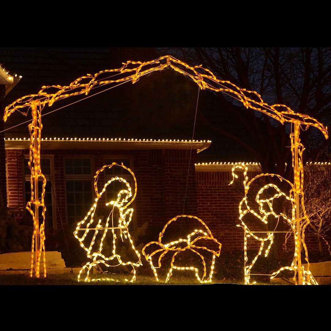 Christmas Outdoor Decoration LED Nativity Scene Jesus Mary Joseph Manger Hut Scene Warm White
