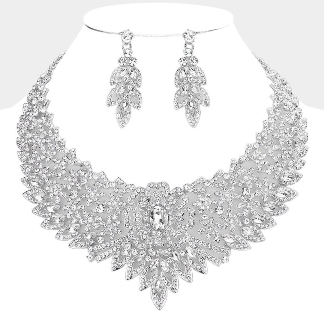 Elegant Costume Jewelry Set Rhinestone Silver Floral Evening Etsy