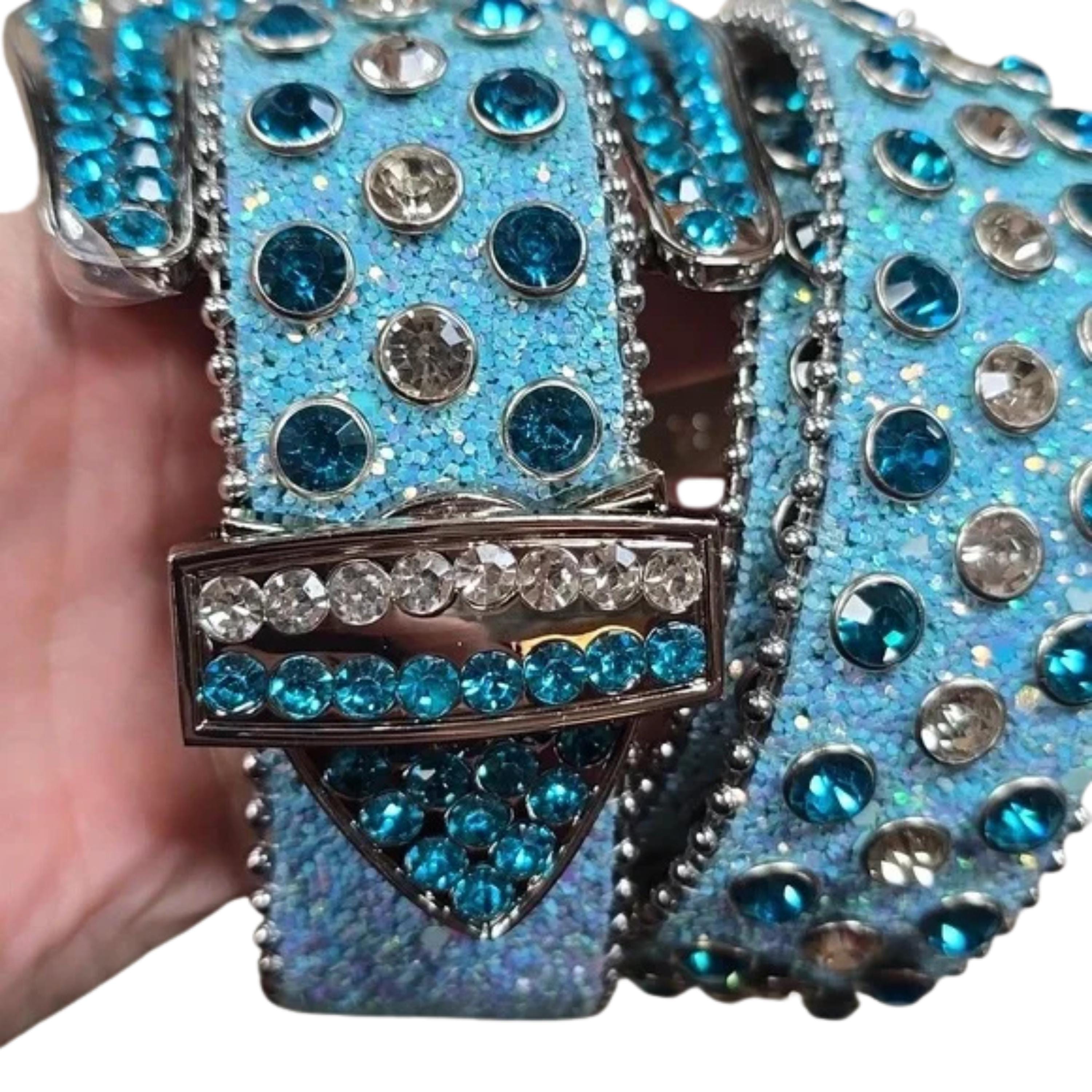 Blue Rhinestone Glitter Belt Western Bling Cowgirl Rodeo Belt Small 42\