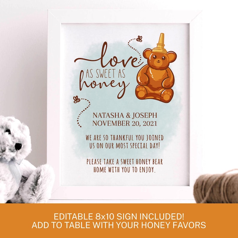 Printable Love As Sweet As Honey Tags Editable Honey Wedding Favor Labels Honey Bear Tags for Wedding Favors Bonus 8x10 Sweet as Honey Sign