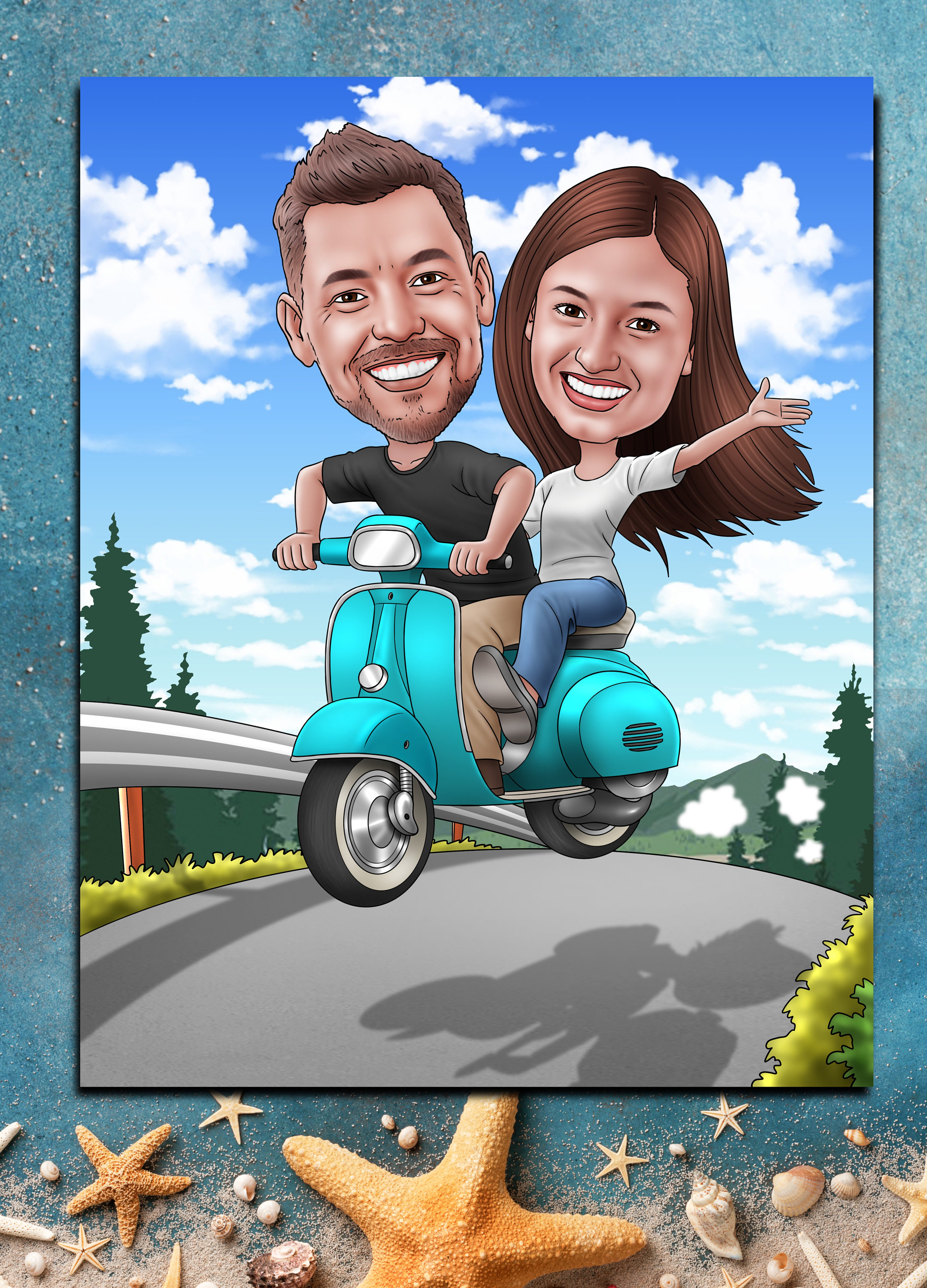 The Couple on Scooter - Custom Caricature Diamond Art - PaintingsCart