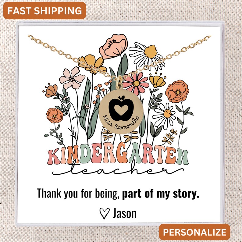 Kindergarten Teacher Necklace Personalized, Message Card Jewelry Gift ...