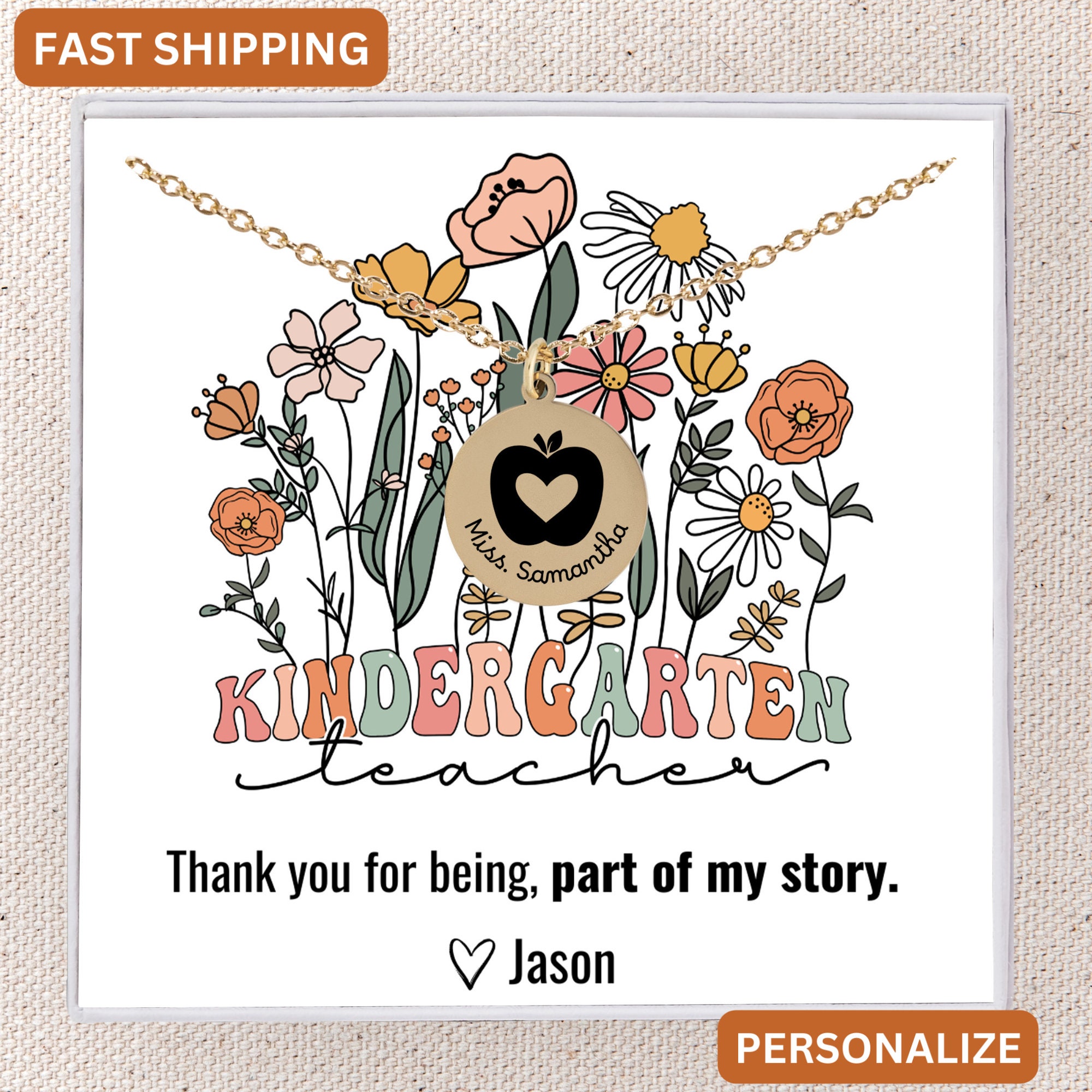 Kindergarten Teacher Necklace Personalized, Message Card Jewelry Gift ...