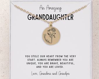 Personalized Granddaughter Gift from Grandma, Custom Birth Flower Name Necklace Jewelry for Special Granddaughter Birthday Gift From Grandma