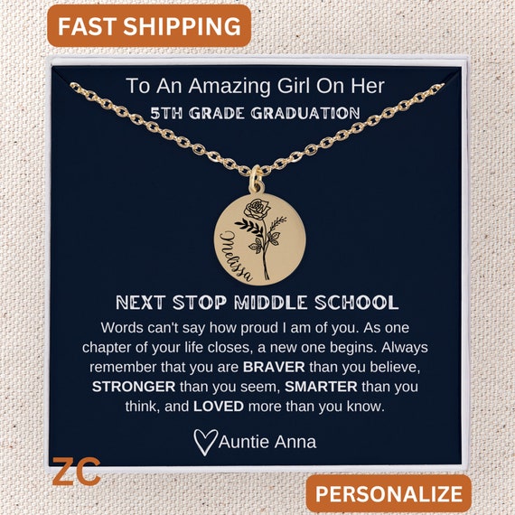 5th Grade Graduation Necklace Gift for Her, Elementary School Graduation Gift Ideas, Personalized Girl's Graduation Notecard, Class of 2026