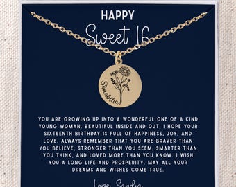 Custom Sweet 16 Necklace Gift, Sweet sixteen Birthday gifts for girls, Circles Birth Flower Necklace in Sterling Silver and Gold For Her