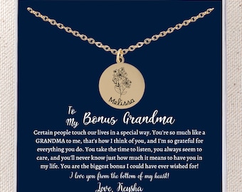 Bonus Grandma Necklace Personalized, Step Grandma Custom Necklace, Grandmother Jewelry For Mothers Day Birthday Message Gift From Grandchild