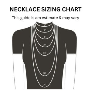 May include: A necklace sizing chart with a silhouette of a person wearing necklaces of different lengths. The lengths are marked in inches: 14", 16", 18", 20", 24", 30", and 34". The text "This guide is an estimate & may vary" is at the top of the chart.