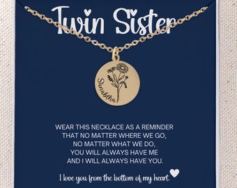 Twin Sister Pendant Necklace with Notecard, Custom Twin gift Personalized Birthday Gift for Twin Sister Soul Sister Gift Gold Silver Jewelry