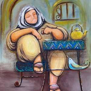 Original acrylic and mix media on canvas board/ traditional Iraqi art/ tea sipping/ كهوة عزاوي/ nostalgia/arabian